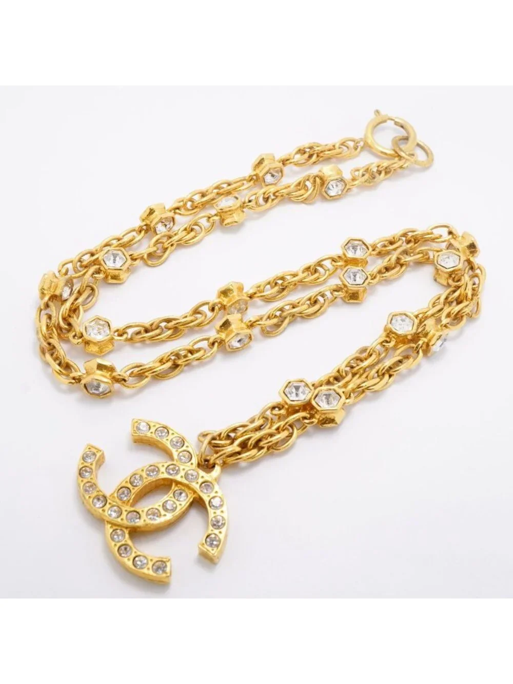 Chanel Necklace Vintage CC Logo Gold Plated Rhinestone